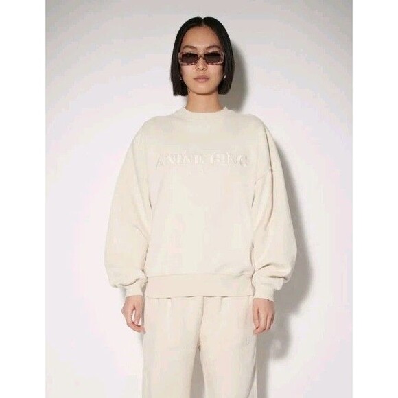ANINE BING Sport Evan Sweatshirt Medium Cream Organic Cotton Athleisure Neutral - Picture 1 of 9